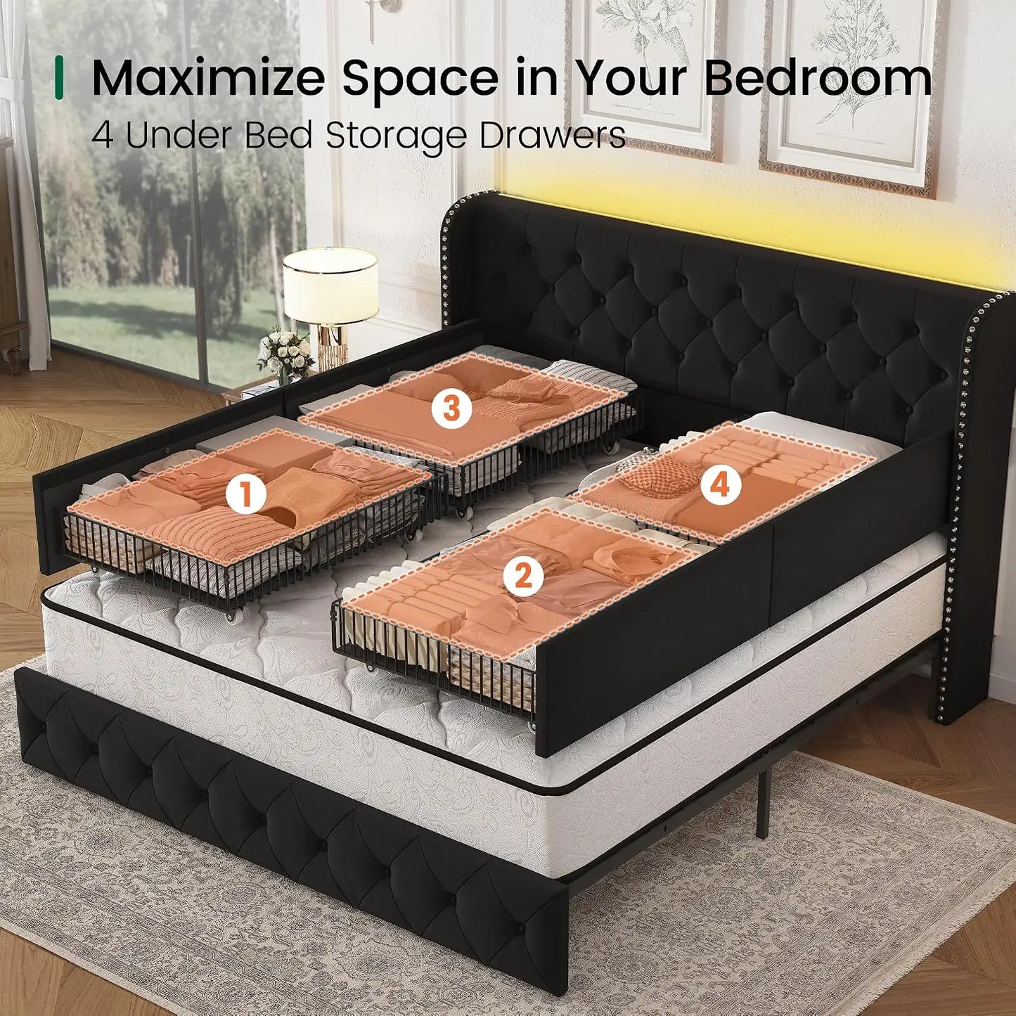 King Velvet Platform Bed w/ LED & 4 Storage Drawers