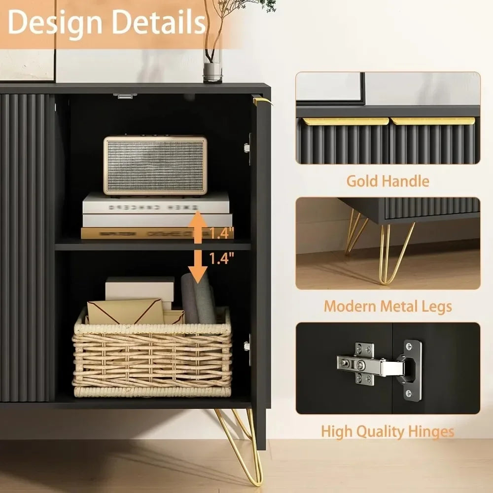 47.2" Modern Fluted Sideboard Cabinet with 3 Doors & Adjustable Shelves