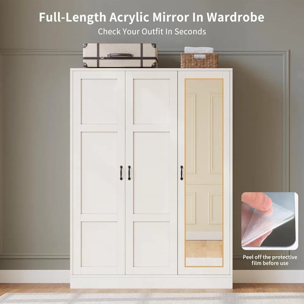 3‑Door Armoire Wardrobe with Mirror – White