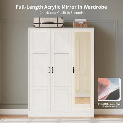 3‑Door Armoire Wardrobe with Mirror – White