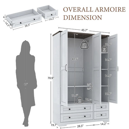 Tall 3‑Door Armoire Closet with Mirror & Drawers – White