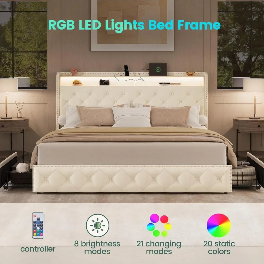 King Upholstered Bed Frame w/ 4 Drawers, LED & USB — Beige