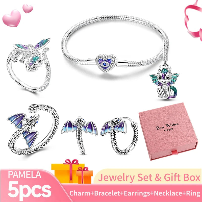 Pink Heart Bracelet Set 925 Silver Original Flower Ring Butterfly Earrings & Gift Box For Women Wedding Jewelry Best Wish 5pcs