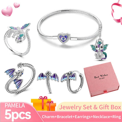 Pink Heart Bracelet Set 925 Silver Original Flower Ring Butterfly Earrings & Gift Box For Women Wedding Jewelry Best Wish 5pcs