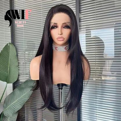 Natural Straight Black Synthetic Lace Front Wig (Heat‑Resistant · Daily Use · Glueless)