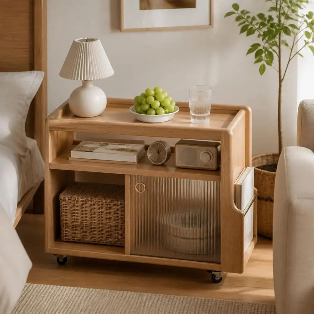 Solid Wood Side Table with Storage & Glass Door Cabinet