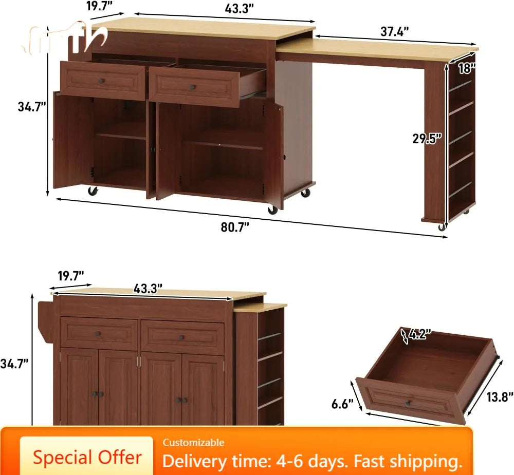 80"–48" Extendable Kitchen Island with Power Outlet – Brown
