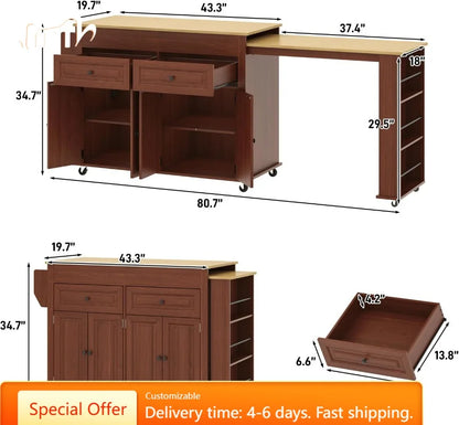80"–48" Extendable Kitchen Island with Power Outlet – Brown