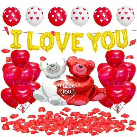 Valentine’s Day Foil Balloon Set – “I Love You” Letters, Hearts & Bear Romantic Party Decor