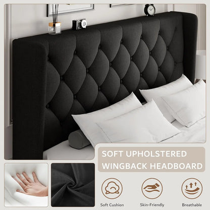 Queen Size Platform Bed Frame with Button Tufted Headboard, Upholstered Bed Frame with Solid Wooden Slats, 8", Customized