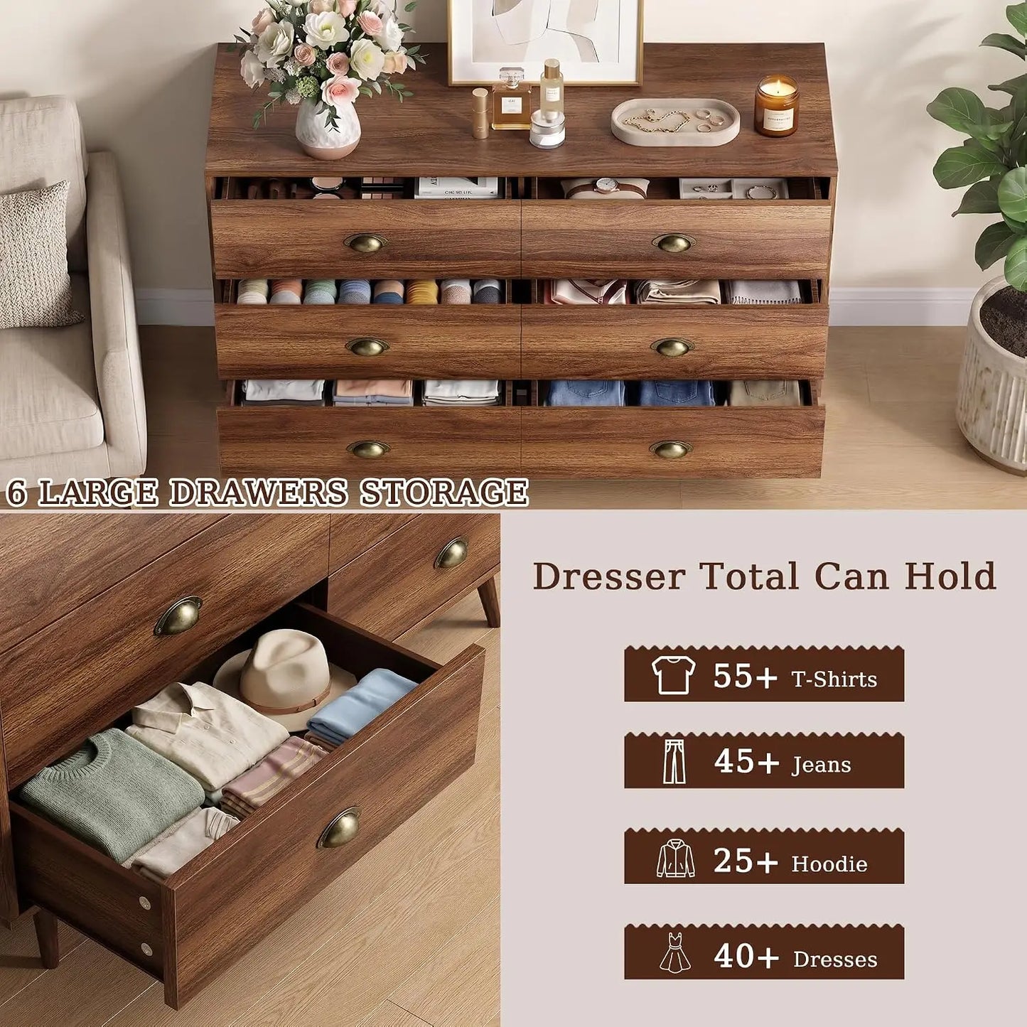 47" Walnut 6‑Drawer Dresser with Gold Handles