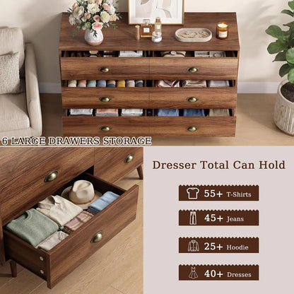 47" Walnut 6‑Drawer Dresser with Gold Handles