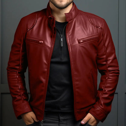 Men's Biker Leather Jacket Stand-up Collar Punk Leather Jacket Men