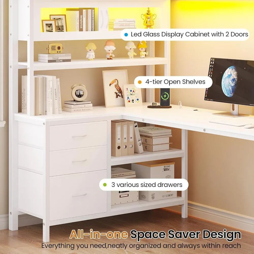 Twin Loft Bed w/ L‑Desk, Bookshelf, LED, Charging Station & Guardrail — White