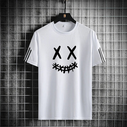 Three bar trendy men's printed sports set with smiling face pattern, mesh breathable round neck T-shirt, two-piece pants set new