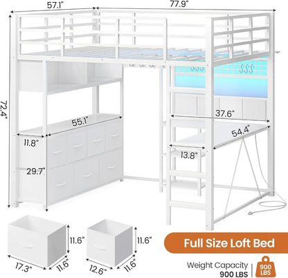 Full Loft Bed w/ L‑Desk, 7 Drawers, LED & USB — White
