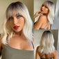 Women Grey Wavy Bob Wigs with Bangs Short Blonde Ombre Synthetic Wig with Dark Roots Natural Hair for Daily Use