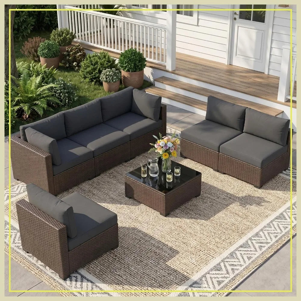 7‑Piece Outdoor Wicker Sectional Sofa Set with Coffee Table