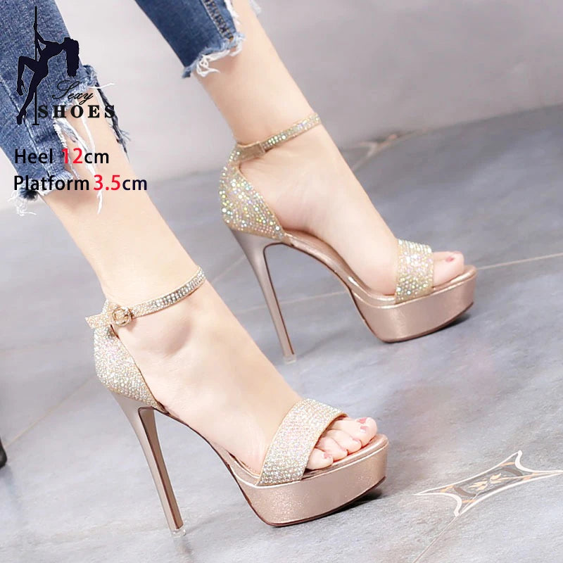 Elegant Gold Rhinestone Stiletto Sandals – 12CM Party & Wedding Heels