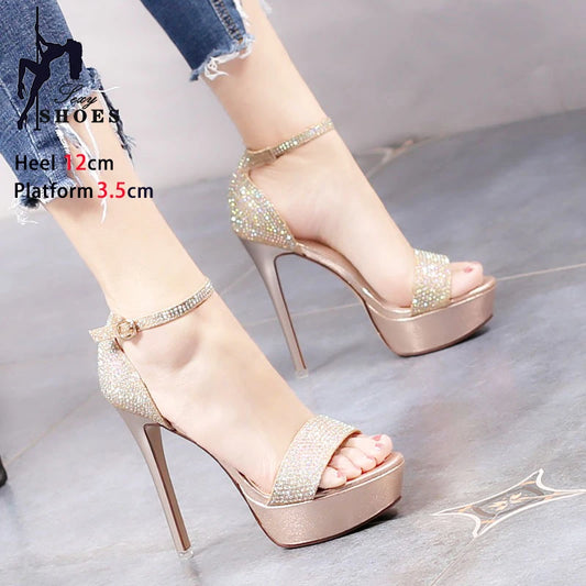 Elegant Gold Rhinestone Stiletto Sandals – 12CM Party & Wedding Heels