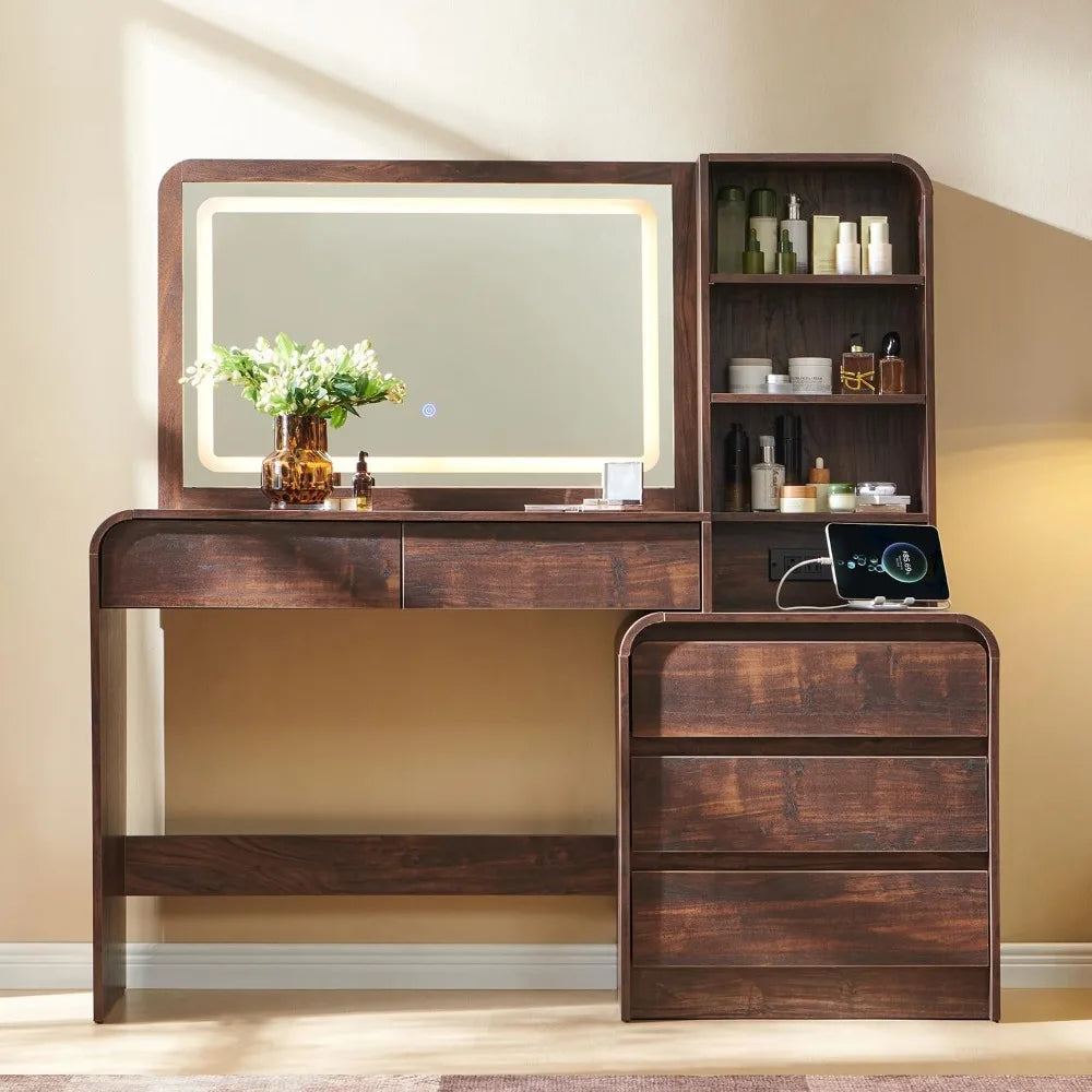 50" Vanity Desk with LED Mirror & Charging Station