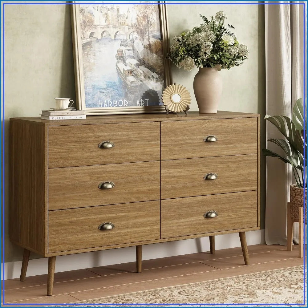 Mid‑Century 6‑Drawer Oak Dresser