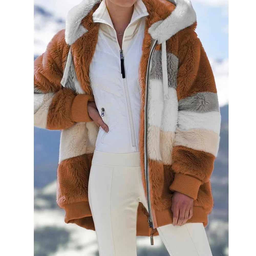 Oversized Jacket for Women Coat Autumn Winter Warm Plush Pocket Hooded Streetwear Loose Lady Zipper Cashmere Outerwear Coat