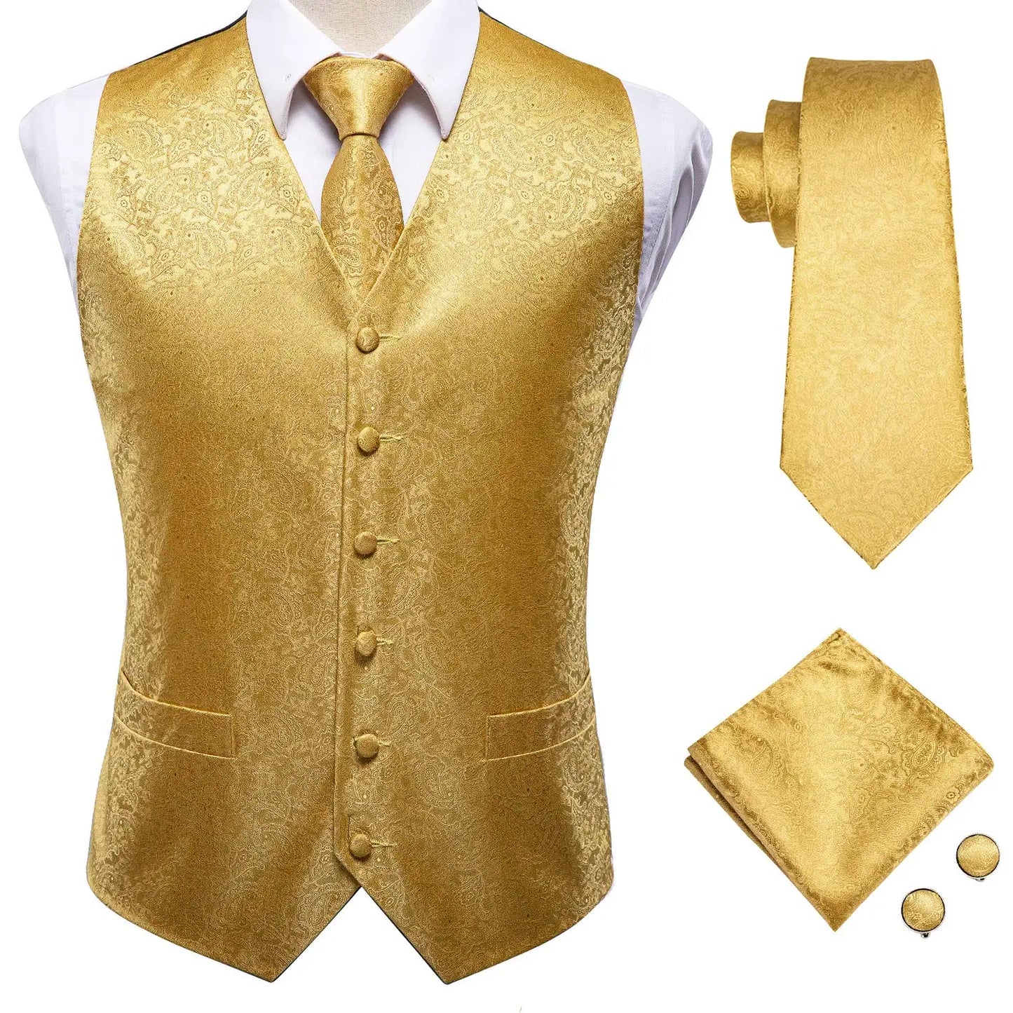 Hi-Tie 20 Color Silk Men's Vests Tie Slim Sleeveless Jacket Hanky Cufflink Waistcoat 4PC Suit