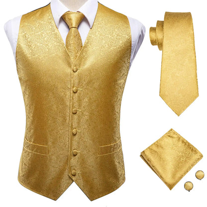 Hi-Tie 20 Color Silk Men's Vests Tie Slim Sleeveless Jacket Hanky Cufflink Waistcoat 4PC Suit