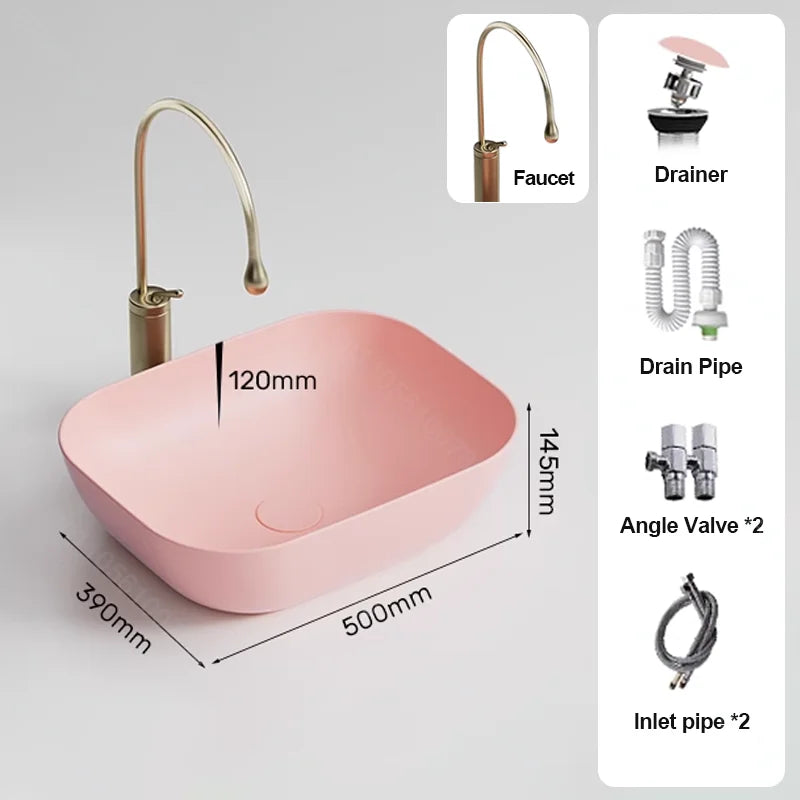 Pink Ceramic Vessel Sink – Modern Countertop Basin with Drain