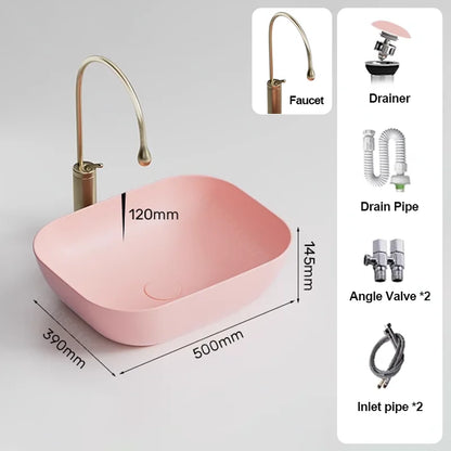 Pink Ceramic Vessel Sink – Modern Countertop Basin with Drain