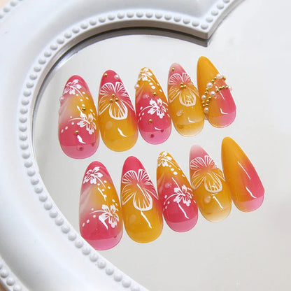 24pcs White Flower Fake Press on Nail Tips Yellow Pink Blush Full Cover Almond Shaped