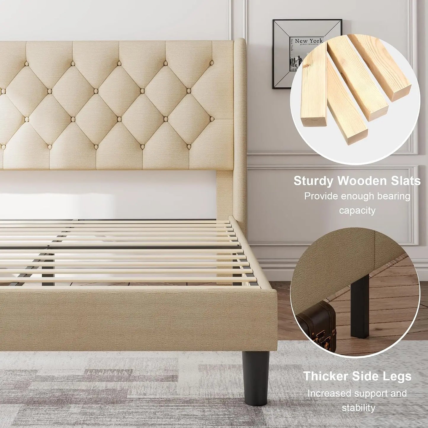 Queen Bed Frame with Diamond Tufted Wingback Headboard, Morden Upholstered Platform Bedframe, Sturdy Wooden Slats Support