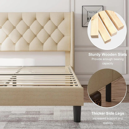 Queen Bed Frame with Diamond Tufted Wingback Headboard, Morden Upholstered Platform Bedframe, Sturdy Wooden Slats Support