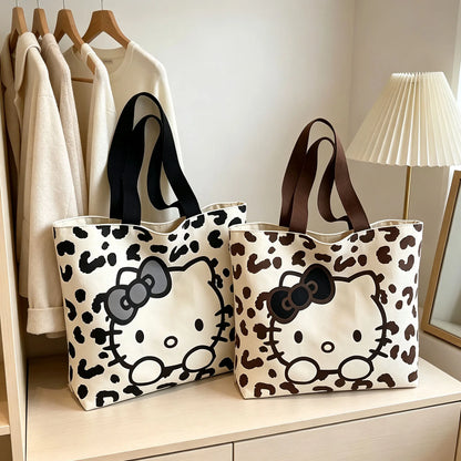 Hello Kitty Leopard Print Canvas Handbag (Lightweight Large‑Capacity Shoulder Tote)