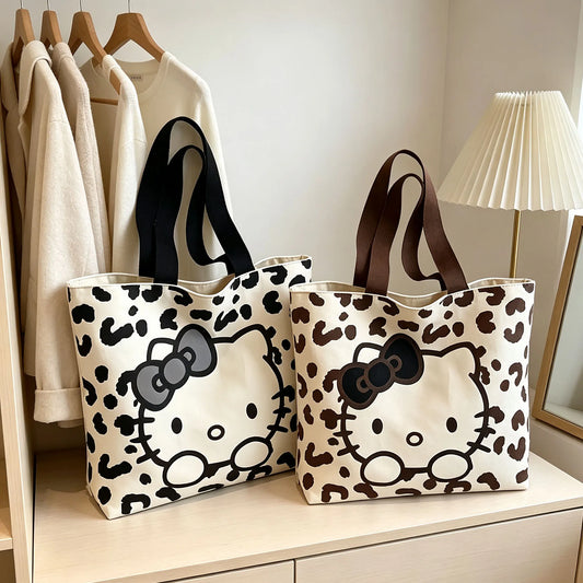 Hello Kitty Leopard Print Canvas Handbag (Lightweight Large‑Capacity Shoulder Tote)