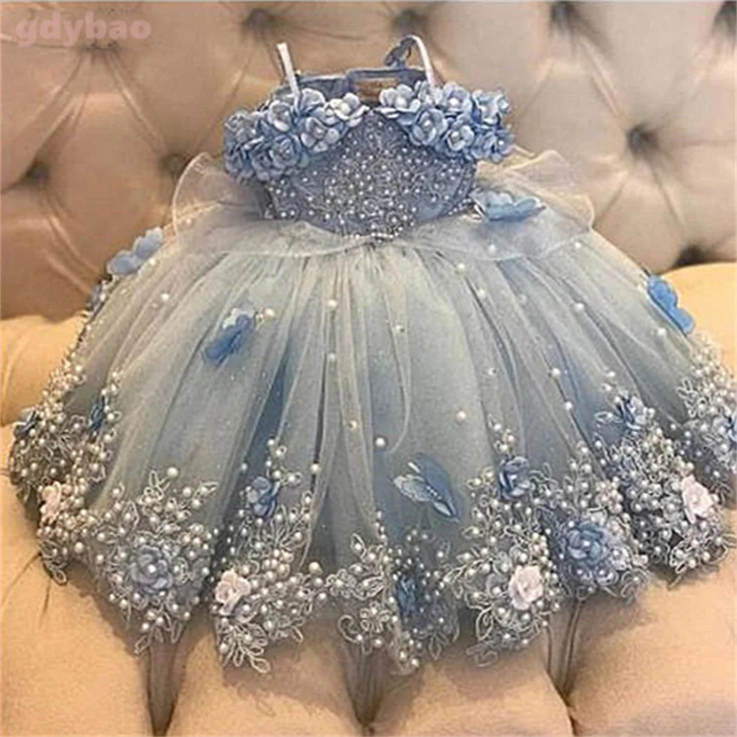 Off‑Shoulder Pearl &amp; Lace Butterfly Flower Girl Dress (Infant · First Birthday · Ball Gown · Customizable)