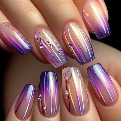 24pcs Gold Stripe Press‑On Nails – Long Square Full Cover Tips