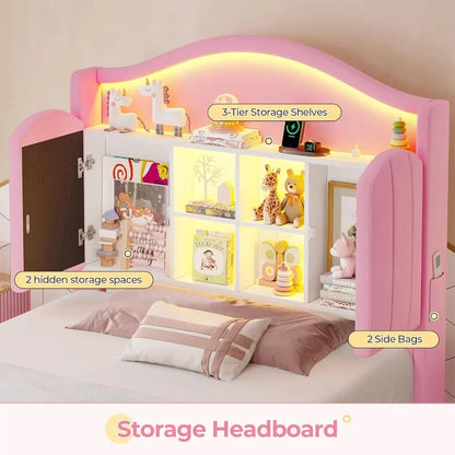 Twin LED Bed with Charging Station & Storage Headboard – Pink