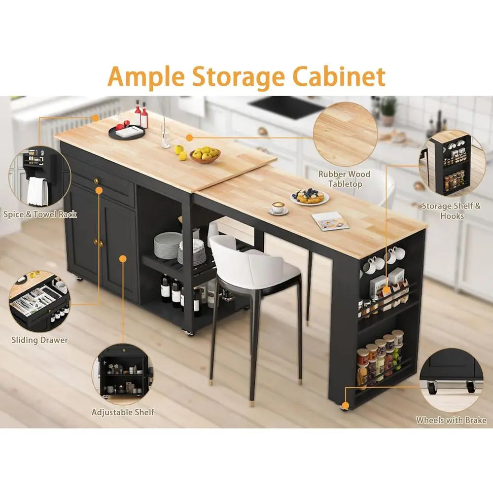 78 Rolling Kitchen Island with Extendable Dining Table or 4, Kitchen Islands on Wheels with Pull Out Table, 2-Tier Storage Shelf