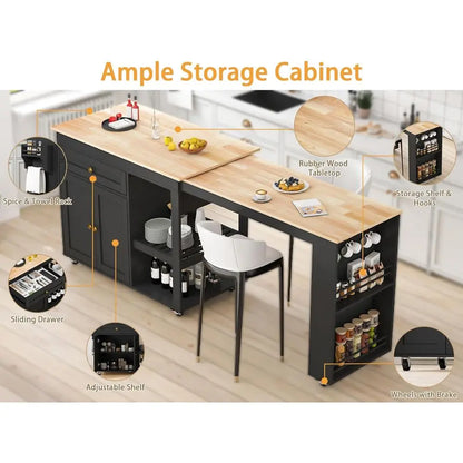 78 Rolling Kitchen Island with Extendable Dining Table or 4, Kitchen Islands on Wheels with Pull Out Table, 2-Tier Storage Shelf