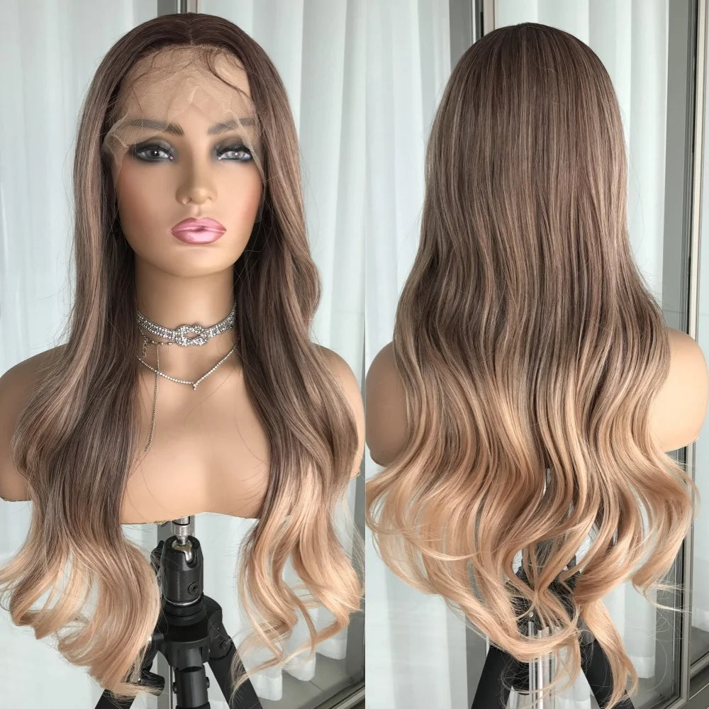 Ash Blonde Body Wave Lace Front Wig – Pre‑Plucked Long Wavy Synthetic Lace Frontal for Women