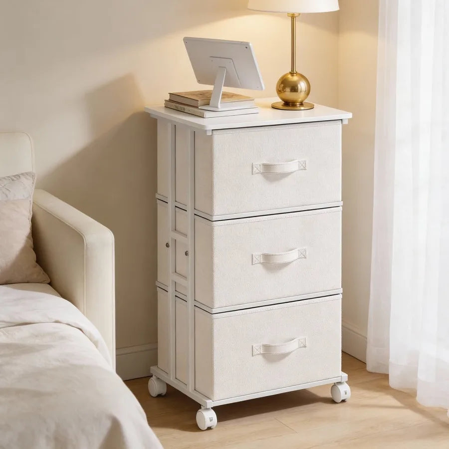 Rolling 3‑Drawer Nightstand – Fabric Storage