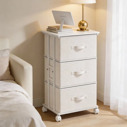 Rolling 3‑Drawer Nightstand – Fabric Storage