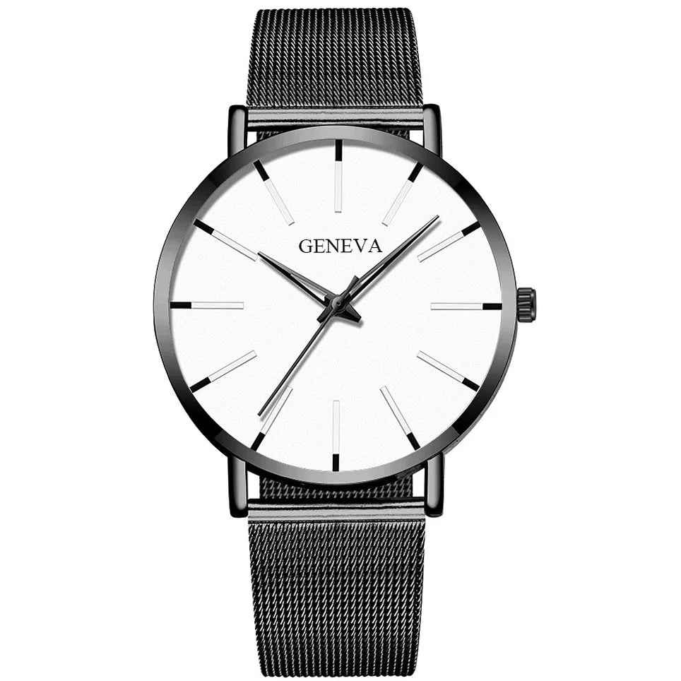 Mens Business Black Luxury Watches Stainless Steel Ultra Thin Mesh Belt Quartz
