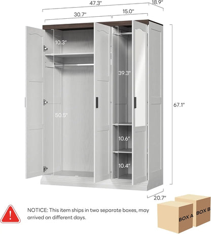 3 Door Armoire Wardrobe Closet with Mirror, Large Wardrobe Closet with Doors, White Armoire for Bedroom with Hanging