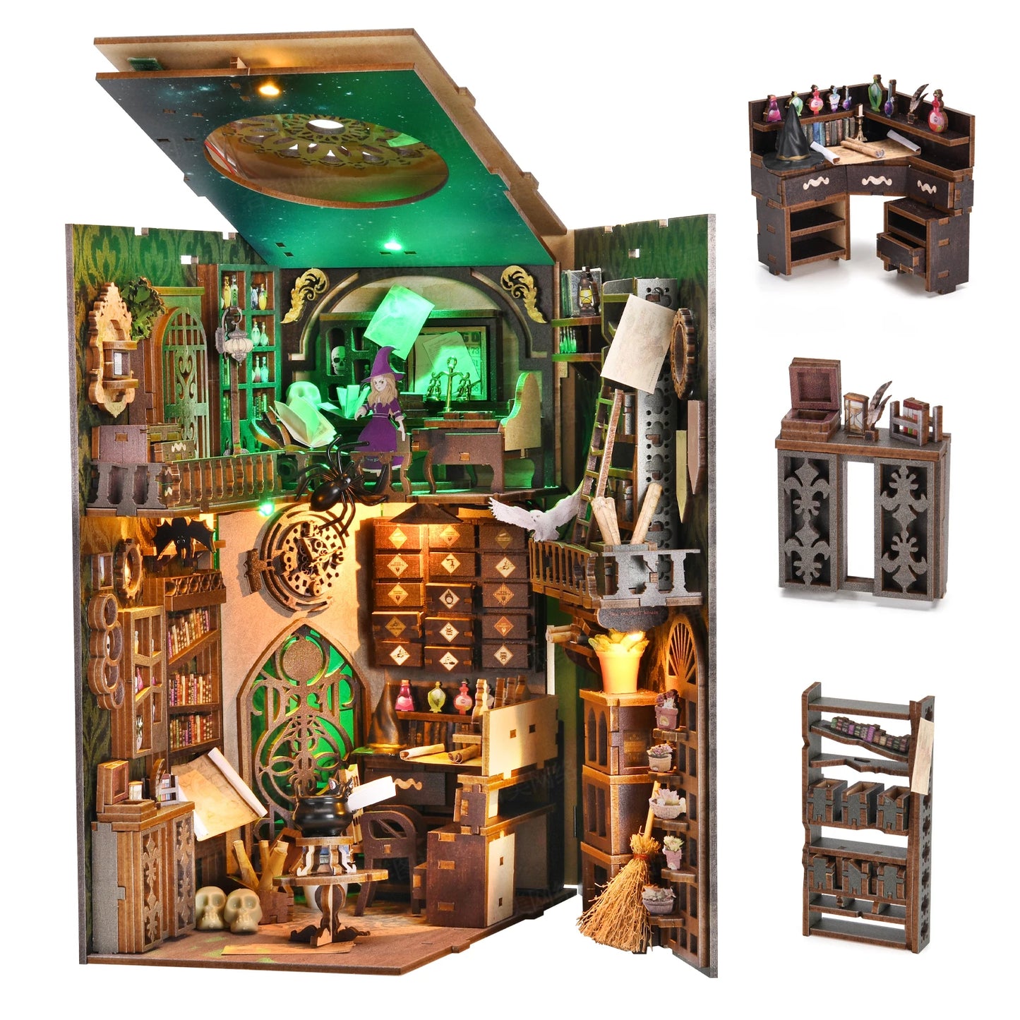 Book Nook Kit Wizard Miniatures DIY Wooden Puzzle Bookshelf Insert Decor Dollhouse Model Bookend Building Home Decoration Gifts