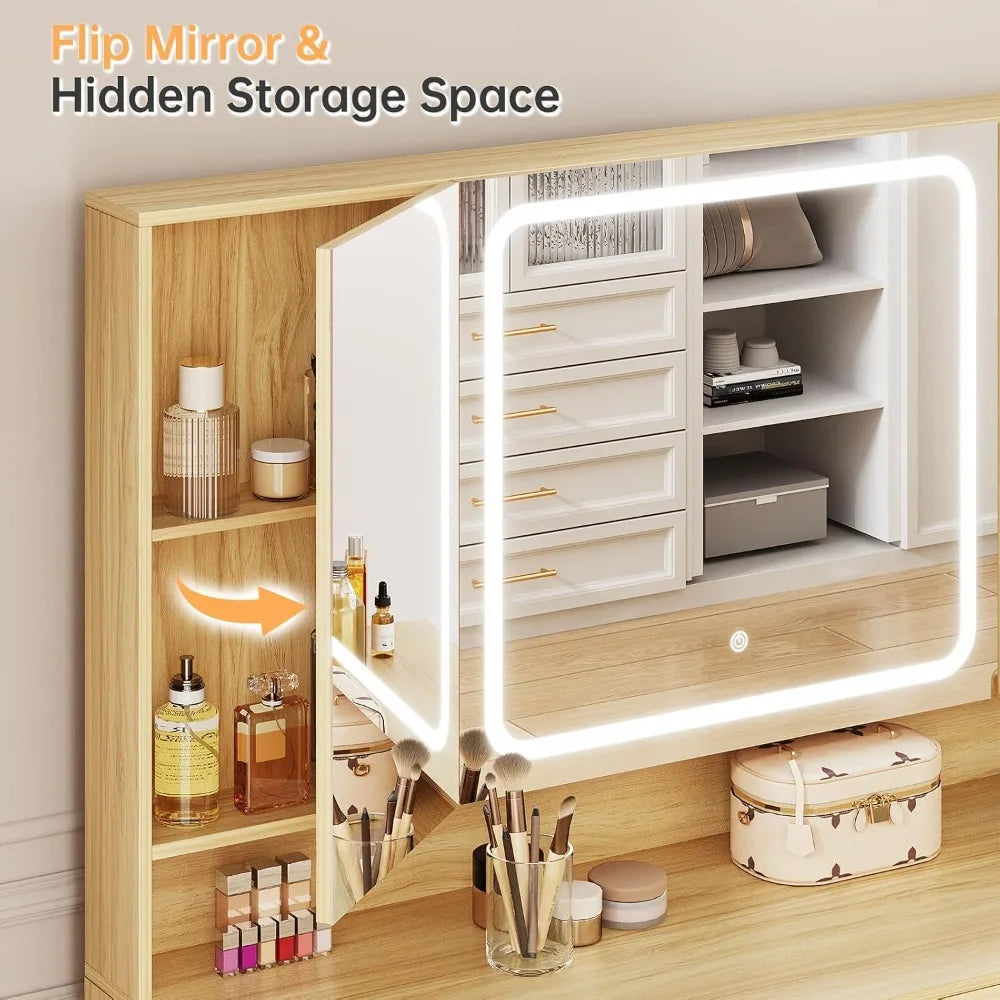 Tri‑Fold Vanity Mirror with 9 Drawers, LED Lights & Stool