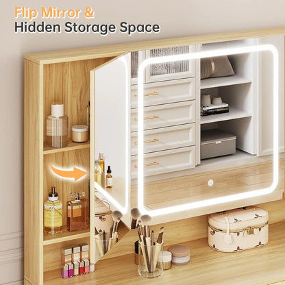 Tri‑Fold Vanity Mirror with 9 Drawers, LED Lights & Stool