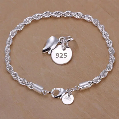 925 Sterling Silver 4MM Twisted Rope Chain Bracelets